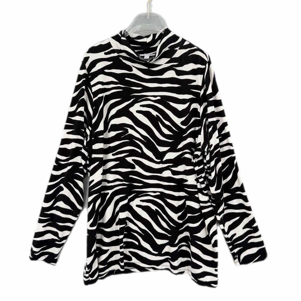 Chico’s Sz 4 Black White Zebra Animal Print Mock Neck Layering Art to Wear Top